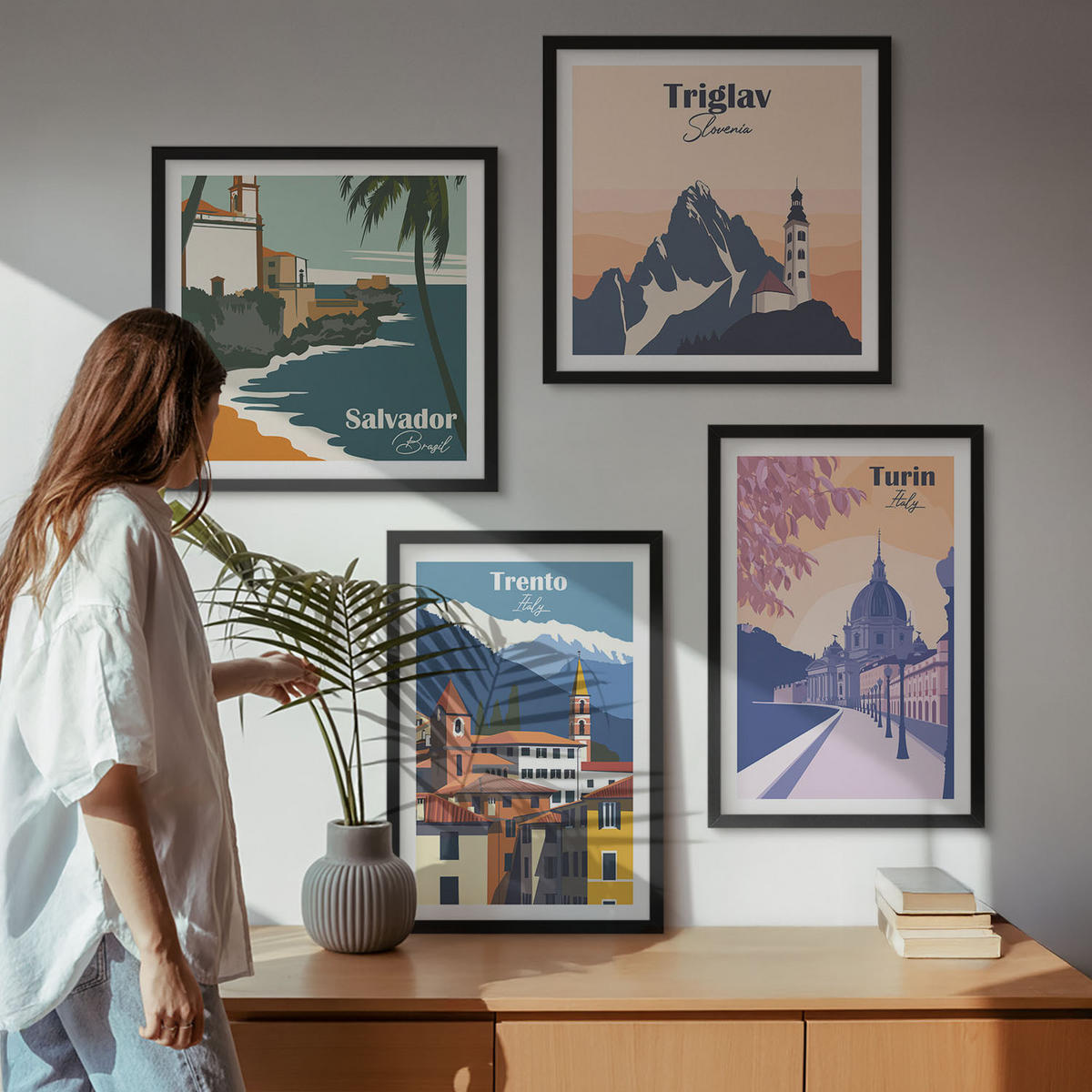 BILDER SET 4er Set - 50x50 cm & 40x60 cm Schwarzer Rahmen - Illustrationen zur Retro-Architektur der Berge - Schwarz, Kunststoff (50/50cm) - TULUP