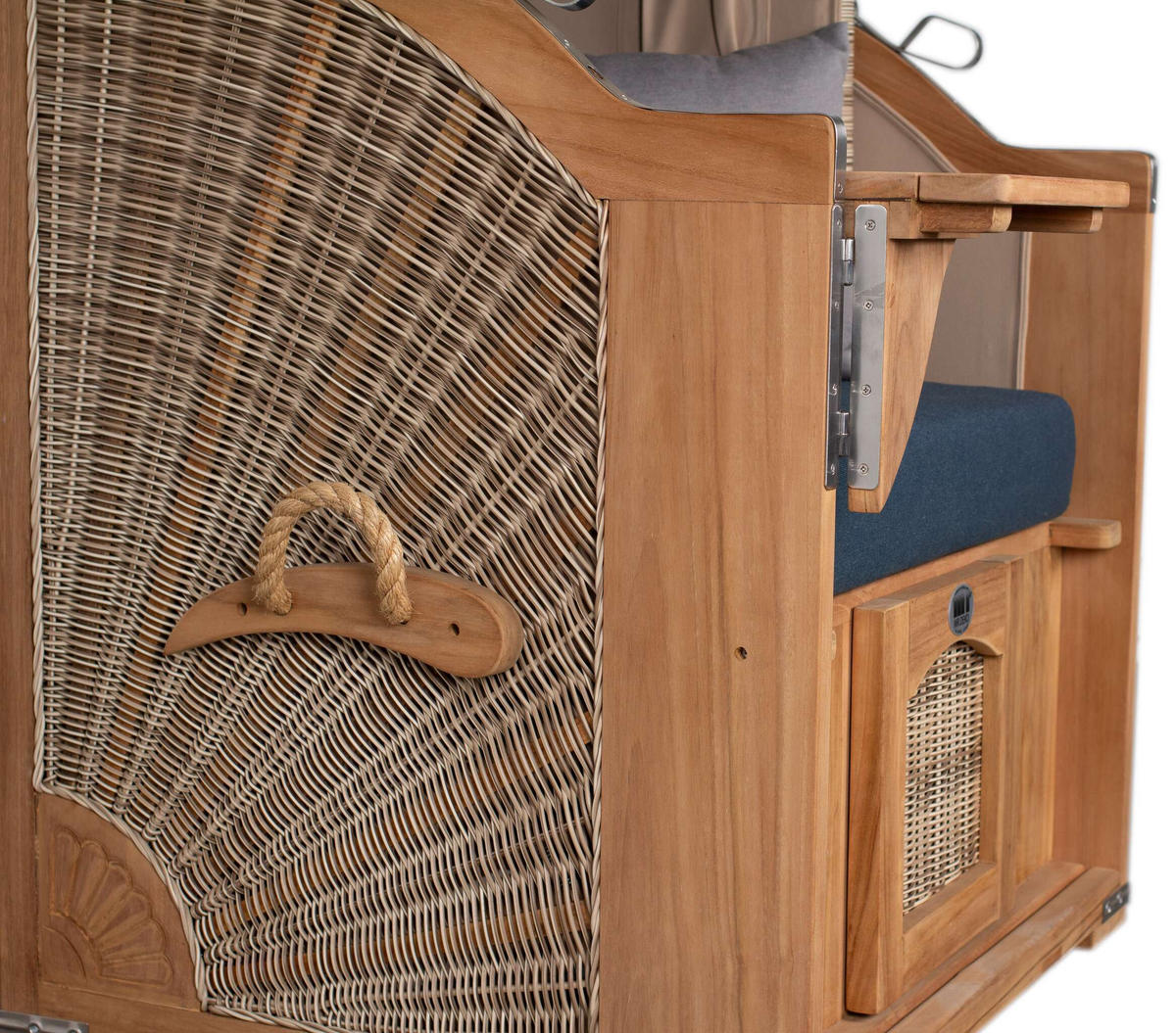 STRANDKORB Düne 1 Sitzer Teak PE Shell - Blau/Braun, Holz/Textil (96/165/80cm) - Mr. Deko