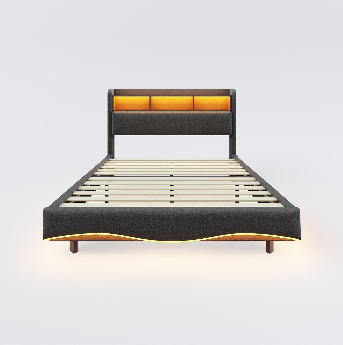ČALOUNĚNÁ postel 140/200 cm šedá z tkaniny s LED osvětlením USB a úložným čelem - šedá, textil (140/200cm) - OKWISH