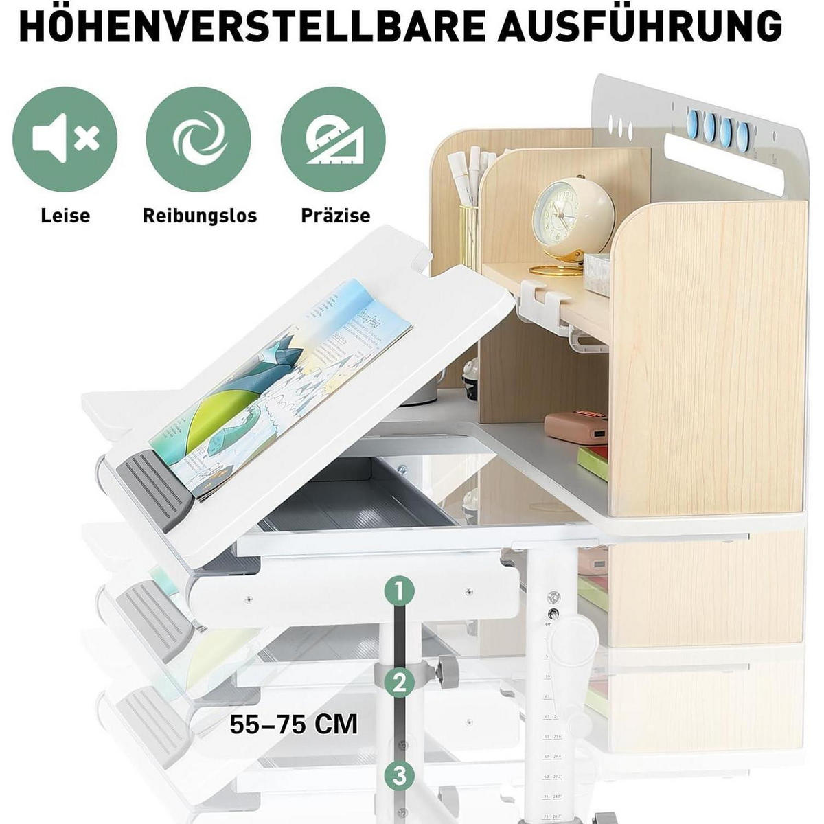 KINDERSCHREIBTISCH höhenverstellbar mit Bücherregal und Schubladen - Weiß, Holzwerkstoff (100/111.3/60cm)