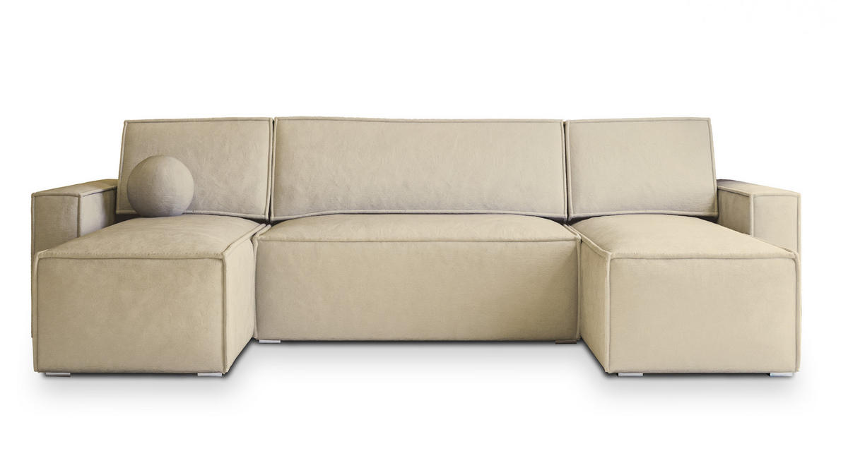 WOHNLANDSCHAFT PESANO M Creme Velours-Stoff mit Schlaffunktion - Creme, Holz (306/85/140cm) - MASSENO