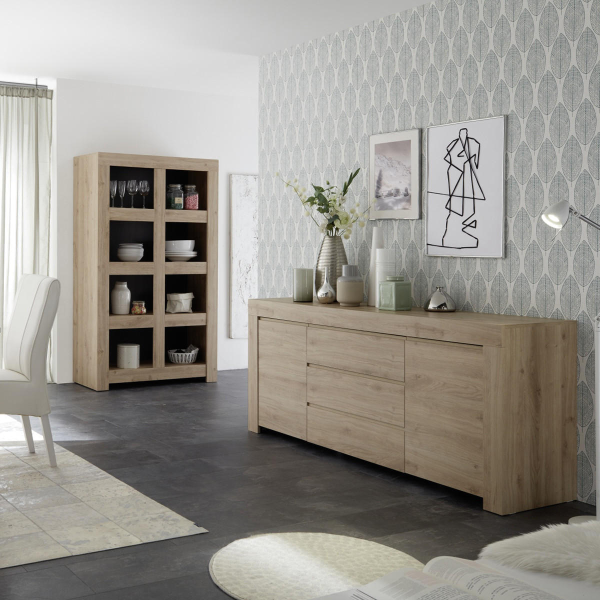 SIDEBOARD mit 2 Türen und 3 Schubladen L184 cm - Firenze - Eichefarben, Holzwerkstoff (184/81/42cm) - Calicosy