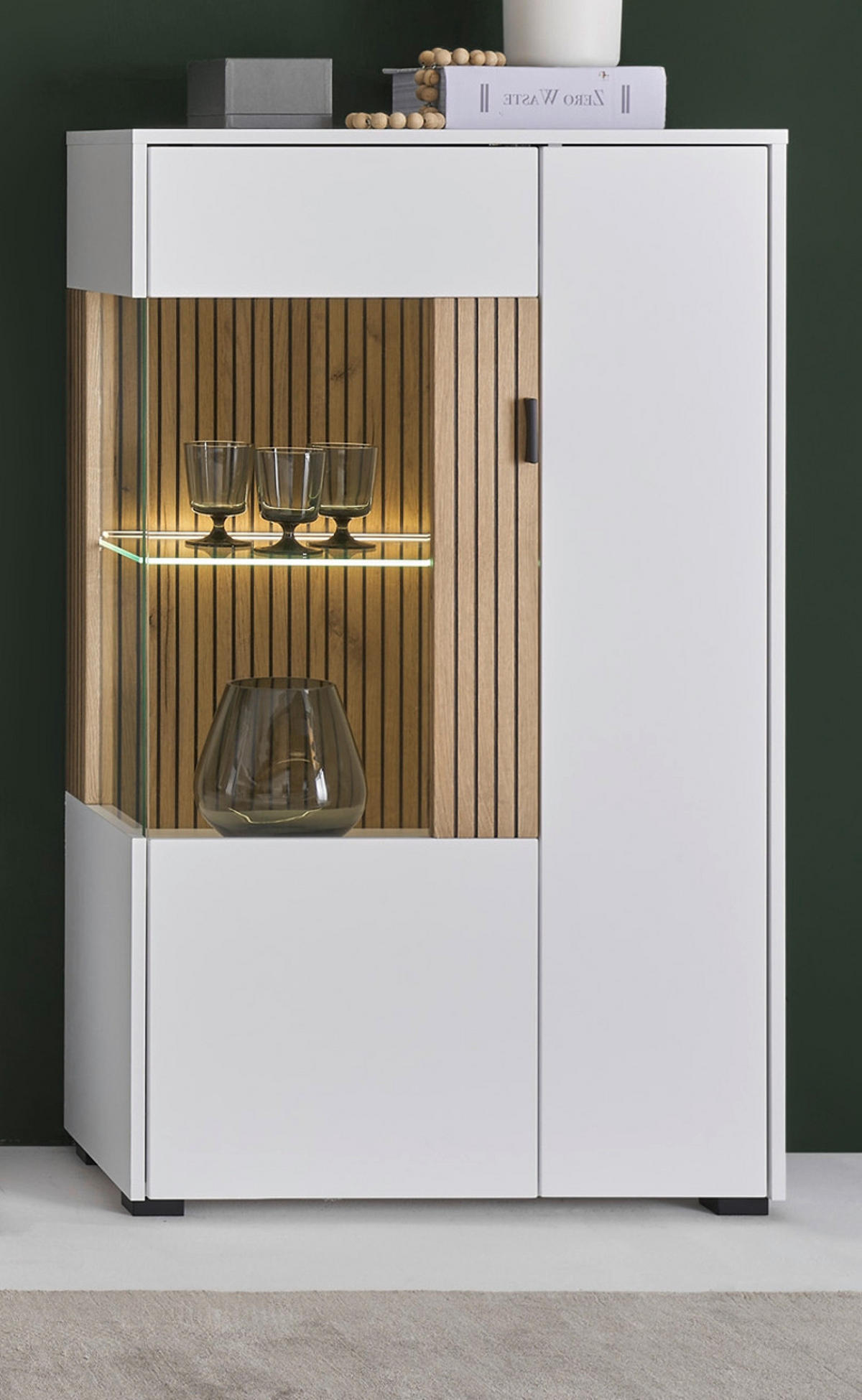 VITRINE weiß matt, Eiche 75 x 125 cm, Stauraumvitrine mit Soft-Close - Eichefarben/Schwarz, Glas/Holzwerkstoff (75/125/38cm) - Furn.Design