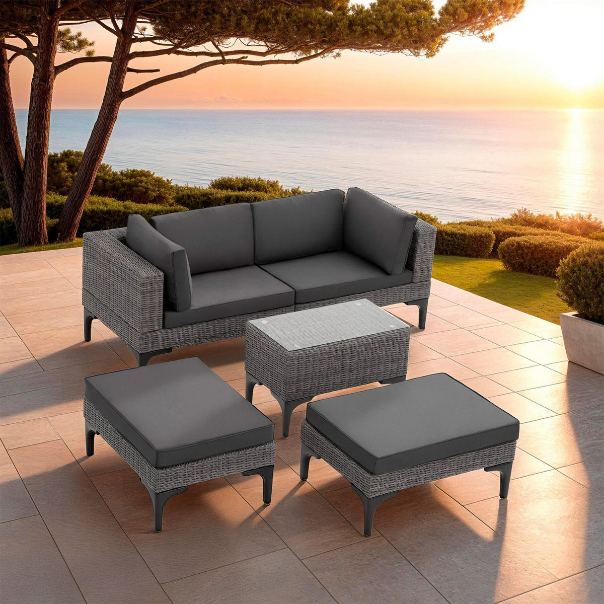 RATTANLOUNGE Bellaria,mit Sicherheitsglasplatte,grau - Grau, Kunststoff/Metall - tectake