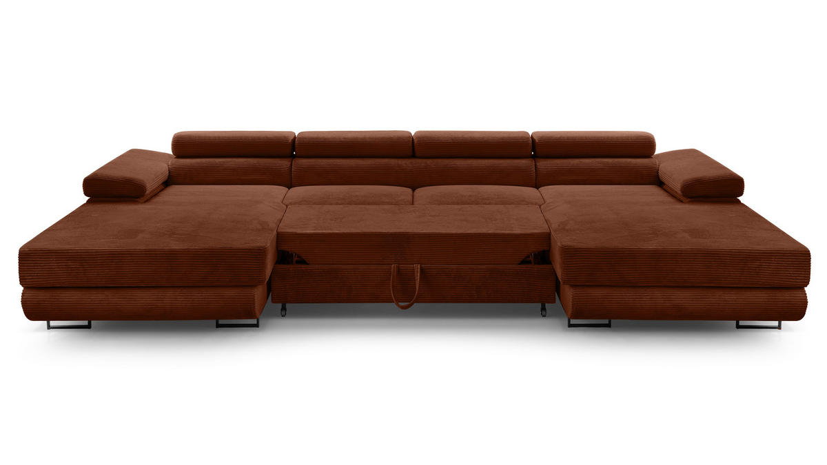 WOHNLANDSCHAFT Arborio Ziegelrot 352/202/90 cm mit Schlaffunktion - Schwarz/Orange, Textil/Metall (352/90/202cm) - AX Living