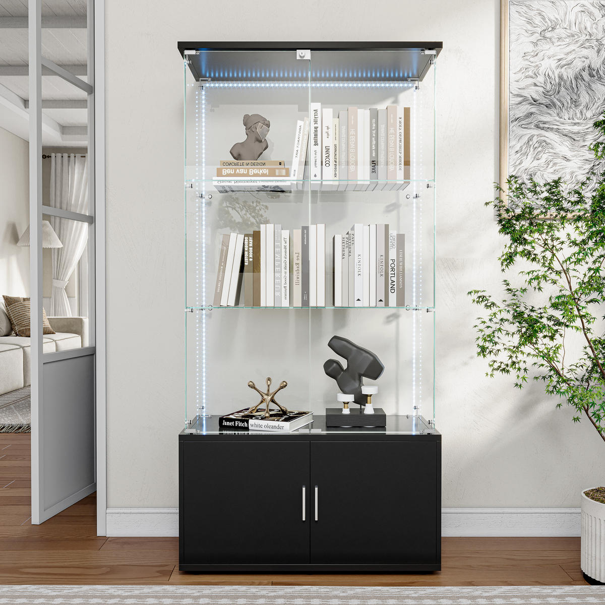 GLASVITRINE 164x78,5x35 cm 4 Türen 6 Einlegeböden LED schwarz - Schwarz, Holz (78.5/164/35cm) - LEBENLANG