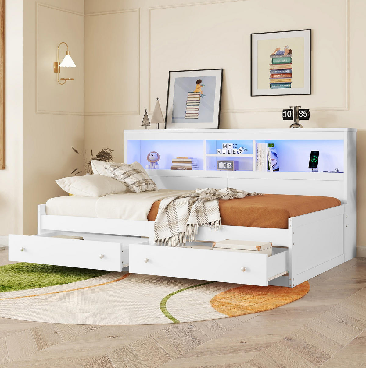 POLSTERBETT 90/200 cm Weiß mit LED-Beleuchtung und USB-Anschlüssen - Weiß, Holzwerkstoff (90/200cm) - Flora Grace