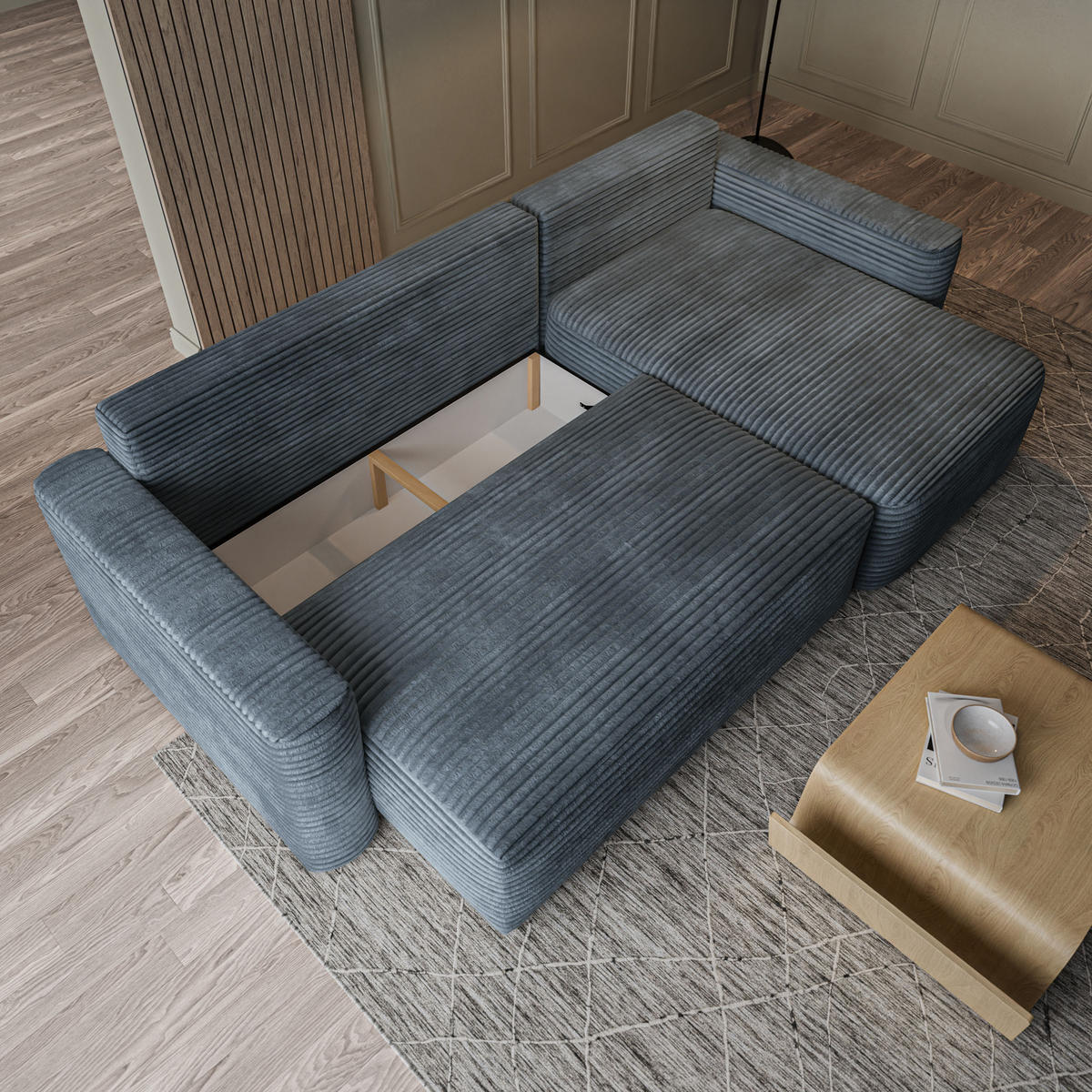 ECKSOFA NERI T Grau Kordstoff mit Schlaffunktion - Grau, Holzwerkstoff/Textil (280/157cm) - MASSENO