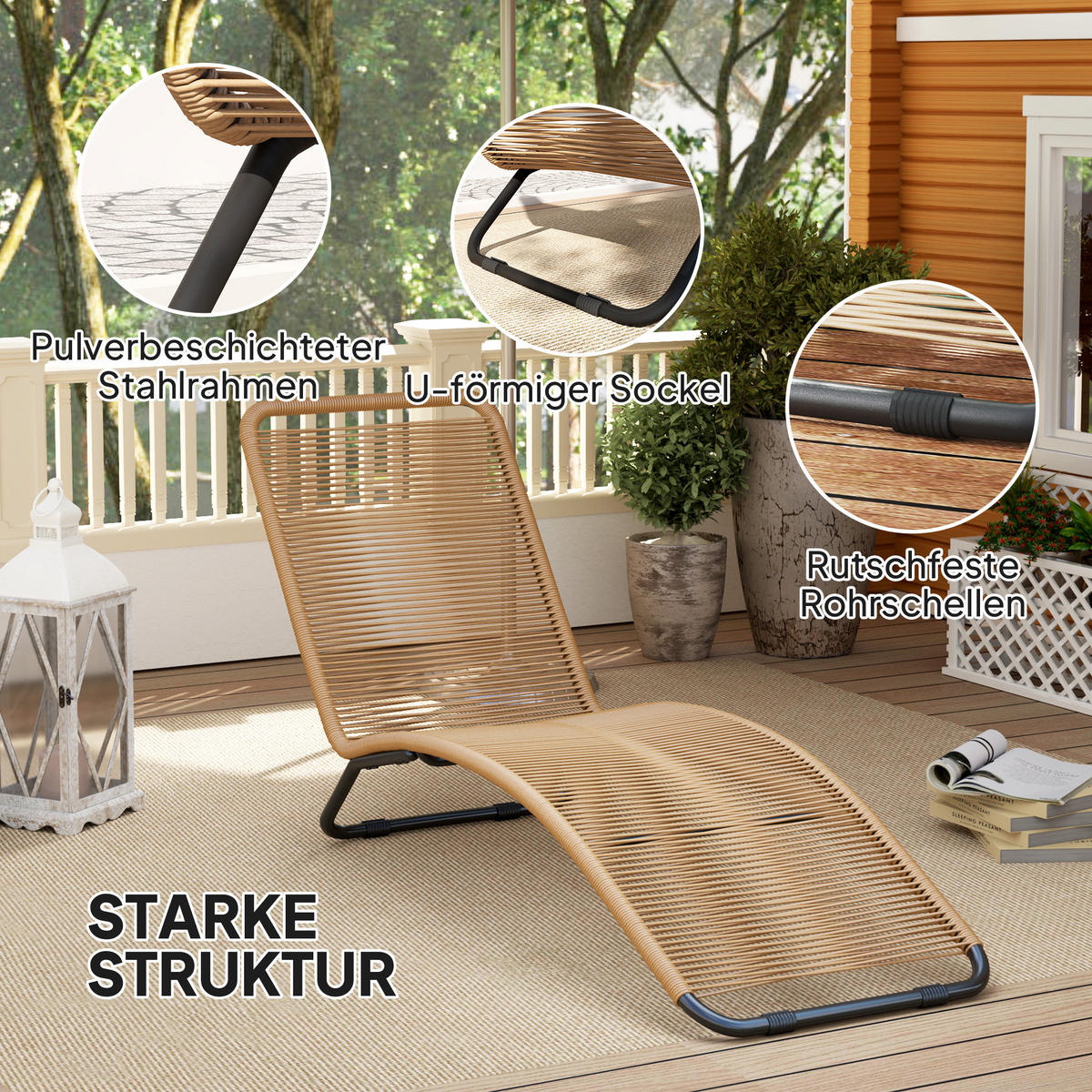 SONNENLIEGE aus Polyrattan, Gartenliege mit UV Schutz, wetterfest Liege 120 kg - Naturfarben, Metall (58/82/176cm) - Outsunny