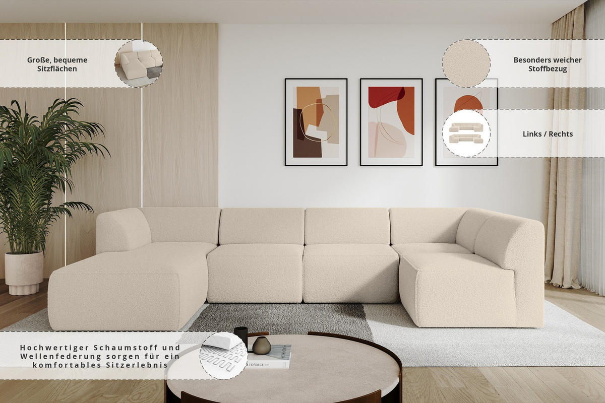 WOHNLANDSCHAFT Ottomane Links MOVA 345x180x78 Dunkelbeige Bouclé - Schwarz/Cappuccino, Holzwerkstoff/Kunststoff (180/78/345cm) - ALTDECOR