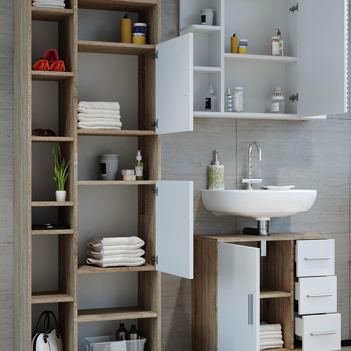 BADMÖBEL-SET Ilias Sonoma 3 Teile, mit Hochschrank - Weiß/Sonoma Eiche, Holzwerkstoff (60/60.8/33cm) - Vicco