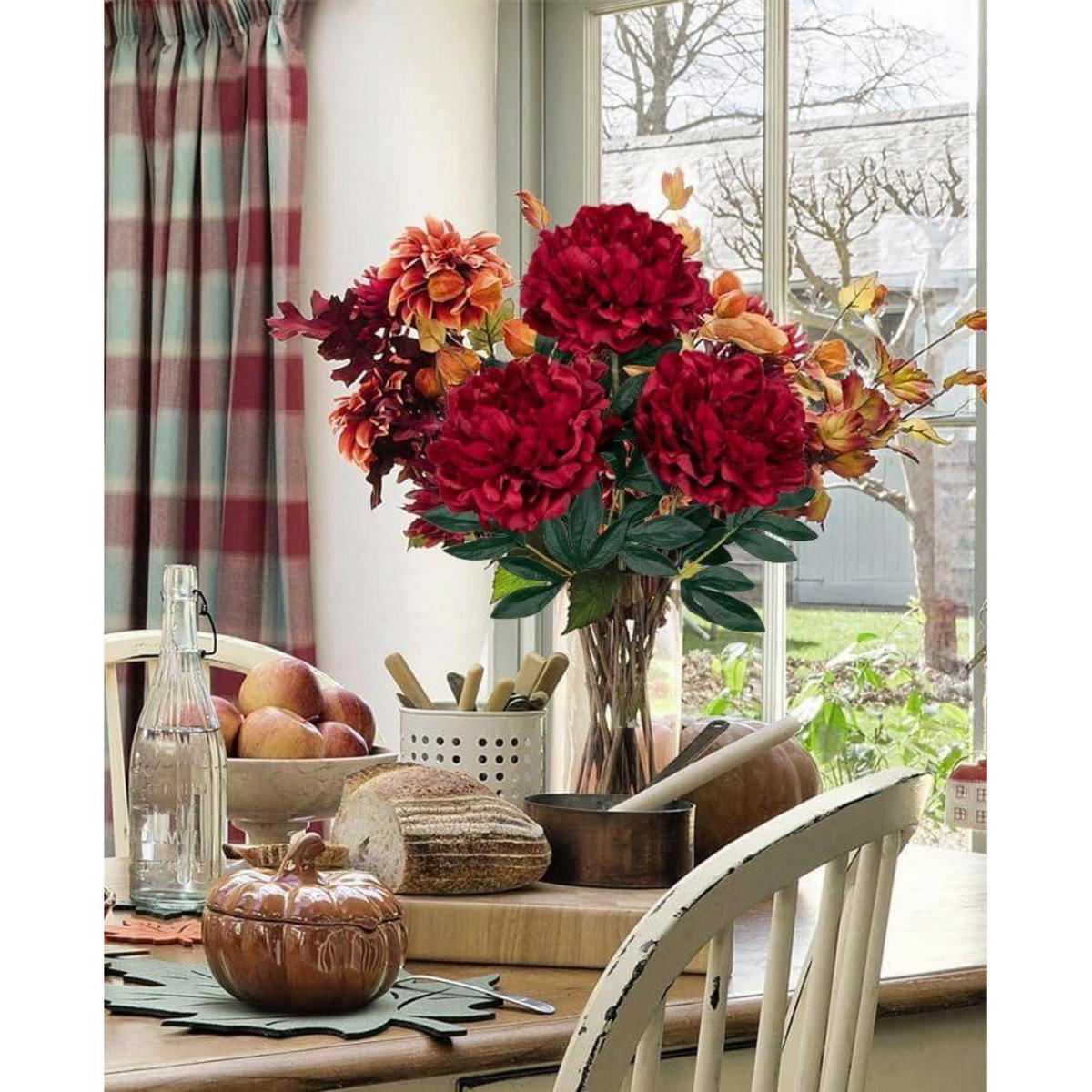 KUNSTBLUMEN 3er Set Pfingstrosen 74 cm dunkelrot - Bordeaux, Kunststoff (38cm)