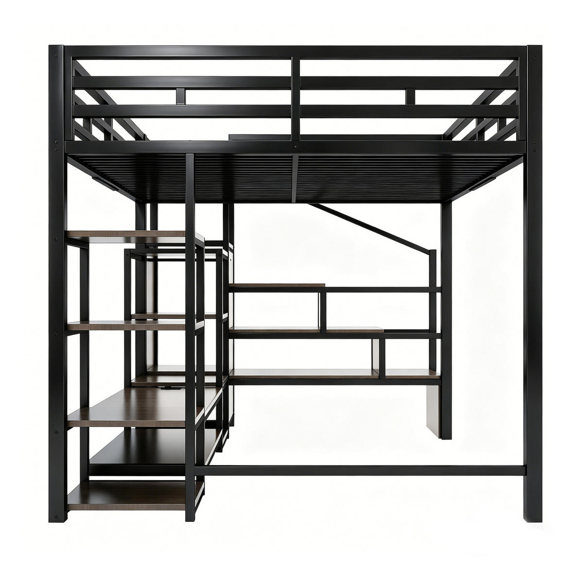 VYSOKÁ posteľ 140/200 cm čierna z kovu a MDF s TV stolíkom zásuvkou a úložným rebríkom - čierna, kompozitné drevo (140/200cm) - OKWISH