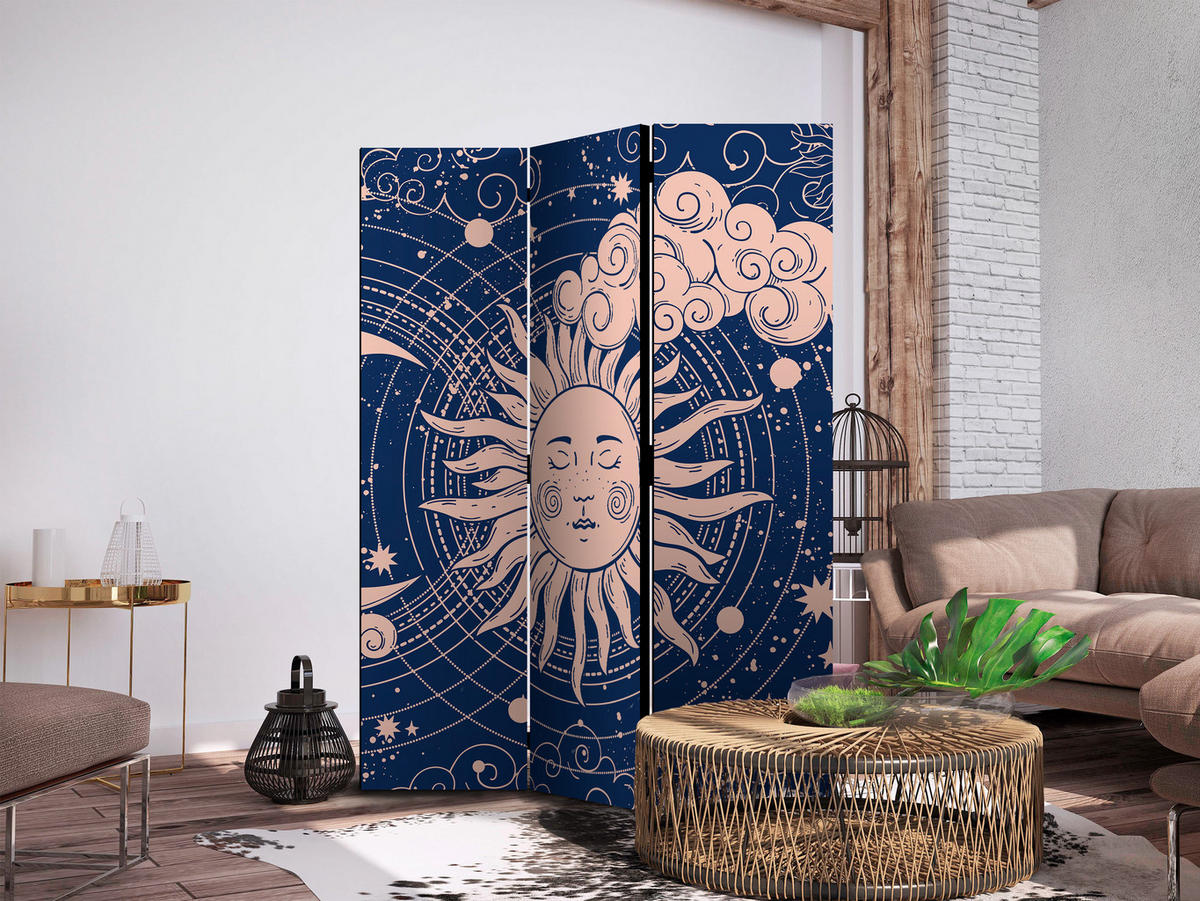 PARAVENT Akustik 3-tlg 135x172 cm Sonne Wolken Mond Boho - Blau, Holz/Textil (135/172/3cm) - Muralo