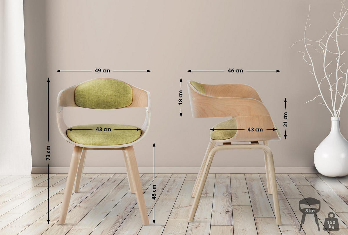 ARMLEHNENSTUHL 2er Set Stoff Natura/Hellgrün - Eukalyptusholzfarben/Hellgrün, Holz/Textil (49/73/46cm) - CLP
