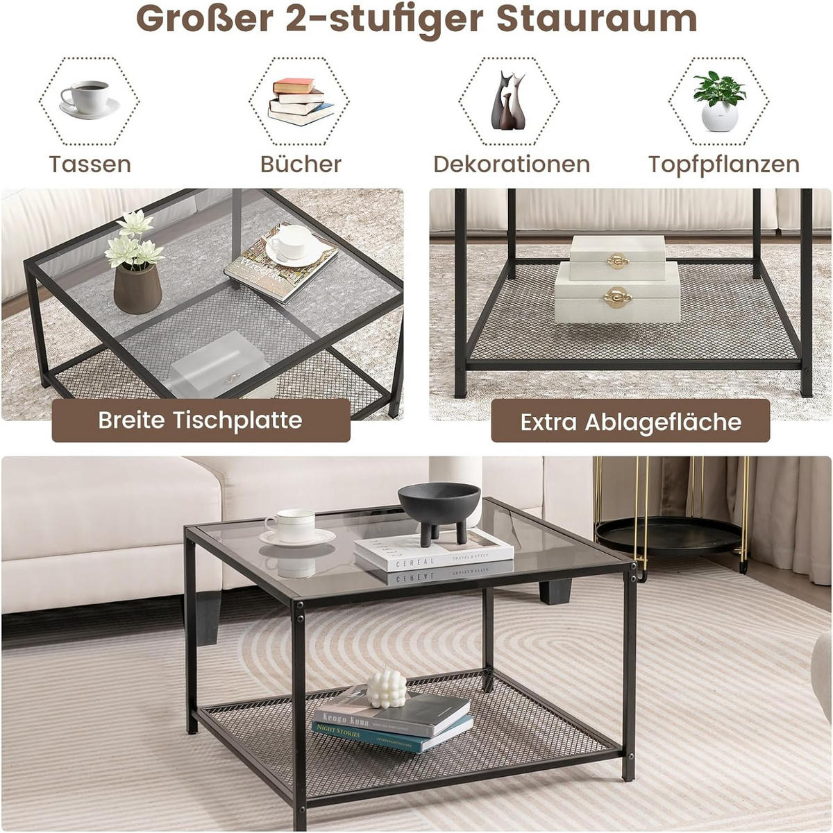COUCHTISCH Glas Grau - Grau, Glas (70/70/45cm) - COSTWAY