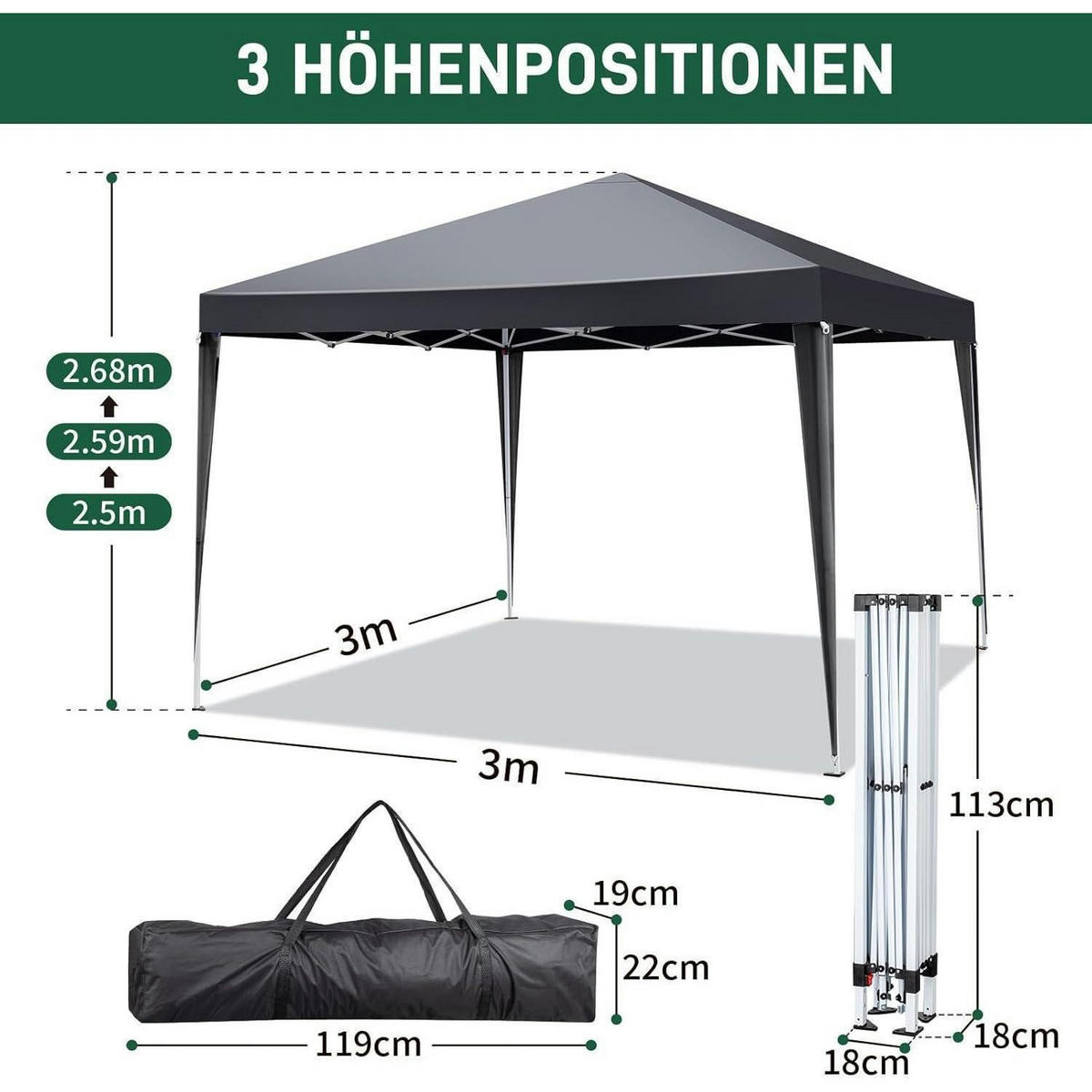 FALTPAVILLON 3x3m Dunkelgrau mit 4 Seitenteilen - Anthrazit, Textil (300/268/300cm)