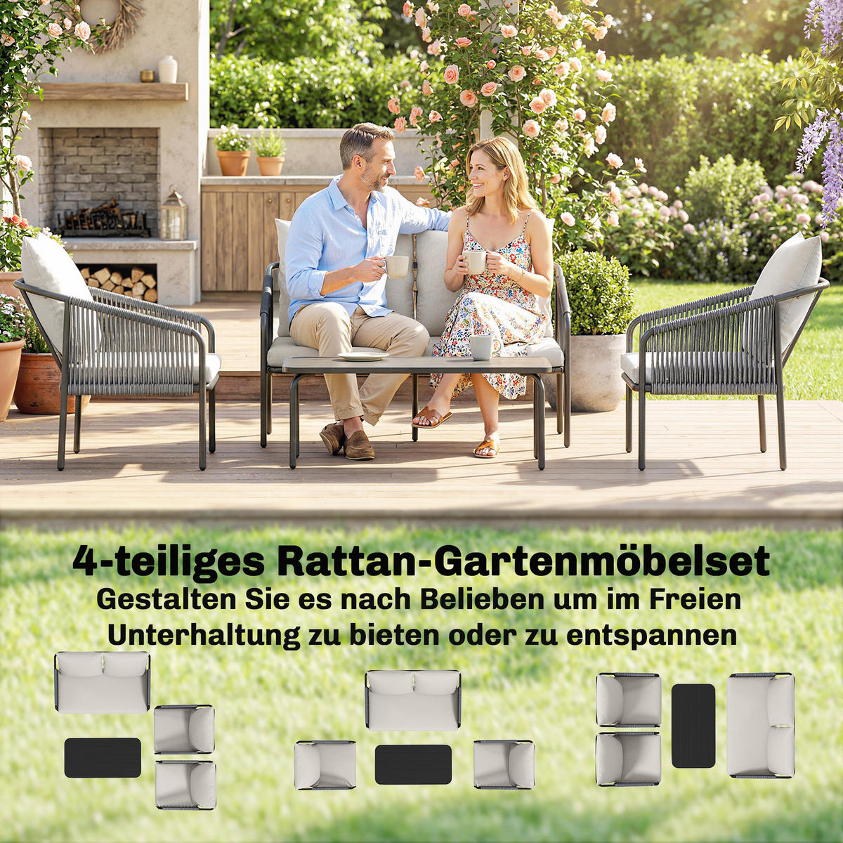 RATTAN-GARTENMÖBEL-SET 4er Set Stahl PE-Rattan Khaki - Hellgrau/Schwarz, Textil/Metall - Outsunny