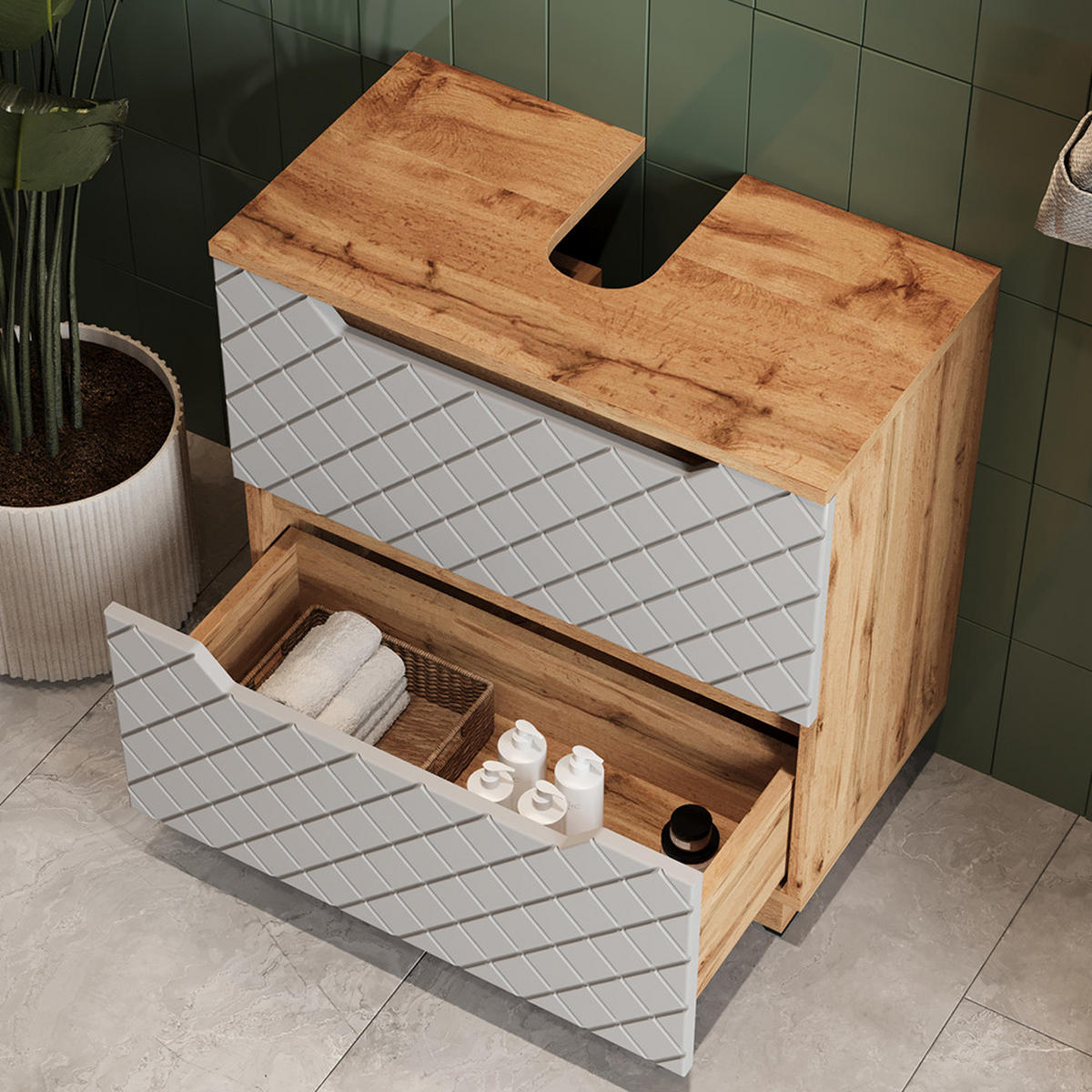WASCHBECKENUNTERSCHRANK Lotta Eiche/Grau mit Kachelstruktur 59.8 x 62.5 cm mit 2 Schubladen - Eichefarben/Grau, Holzwerkstoff (59.8/62.5/32cm) - Vicco