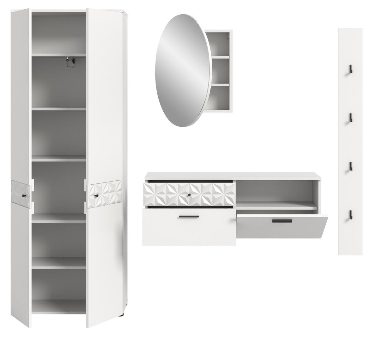 GARDEROBE Set weiß Hochglanz 226 cm, Kombination mit 3D-Struktur - Weiß Hochglanz/Schwarz, Glas/Holzwerkstoff (226/192/34cm) - Inn.Furn