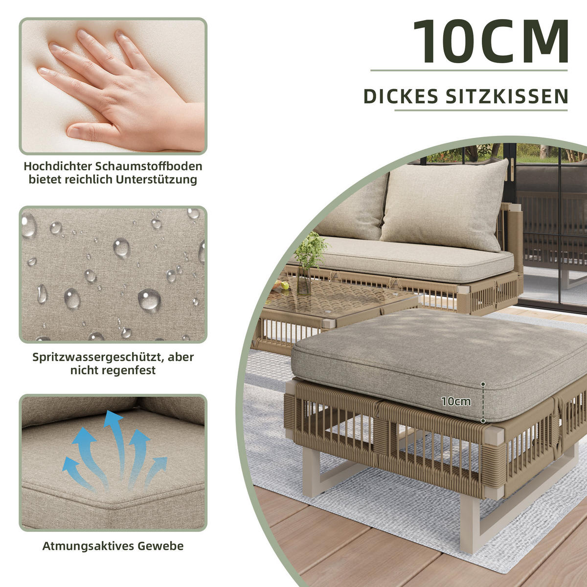 LOUNGESET, Seilgeflecht, Verstellbare Füße, Glas-Couchtisch, Beige - Beige, Metall - FLIEKS