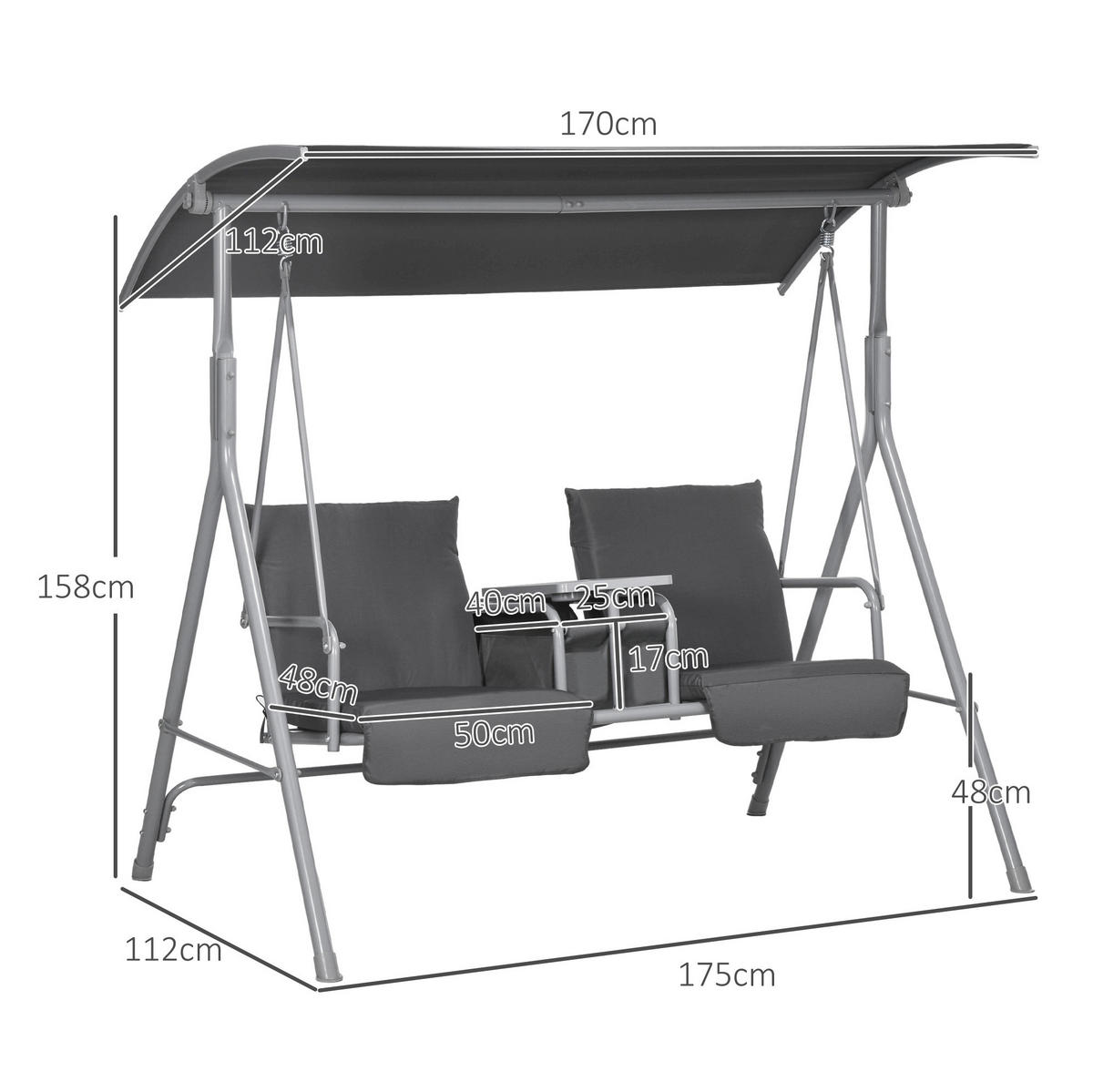 HOLLYWOODSCHAUKEL aus Metall 175x112x158cm in Schwarz mit Sonnendach & Mitteltisch - Schwarz, Metall (112/158/175cm) - Modfu
