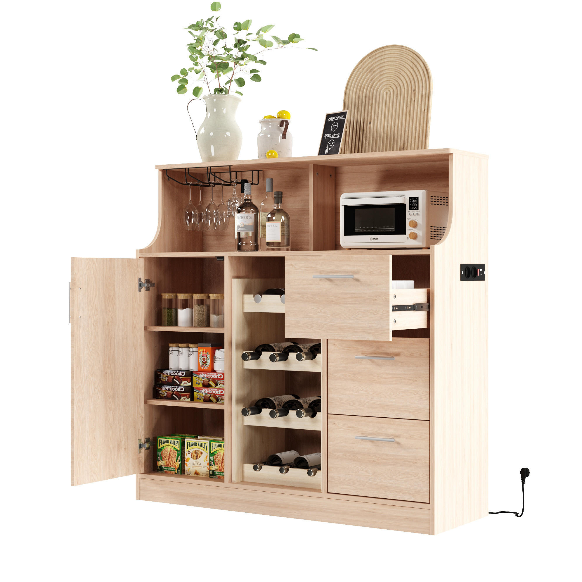 SIDEBOARD 120/40/121 cm in Natur/Weiß mit LED-Beleuchtung und Weinregal - Weiß, Holzwerkstoff (120/121/40cm) - Flora Grace