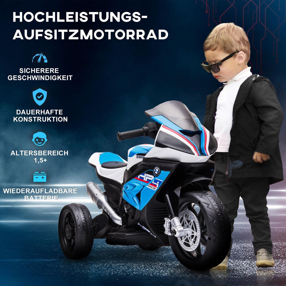 ELEKTRO KINDERMOTORRAD, Blau/Rot, PP+ Metall - Blau, Kunststoff (82.5/42/54cm) - HOMCOM