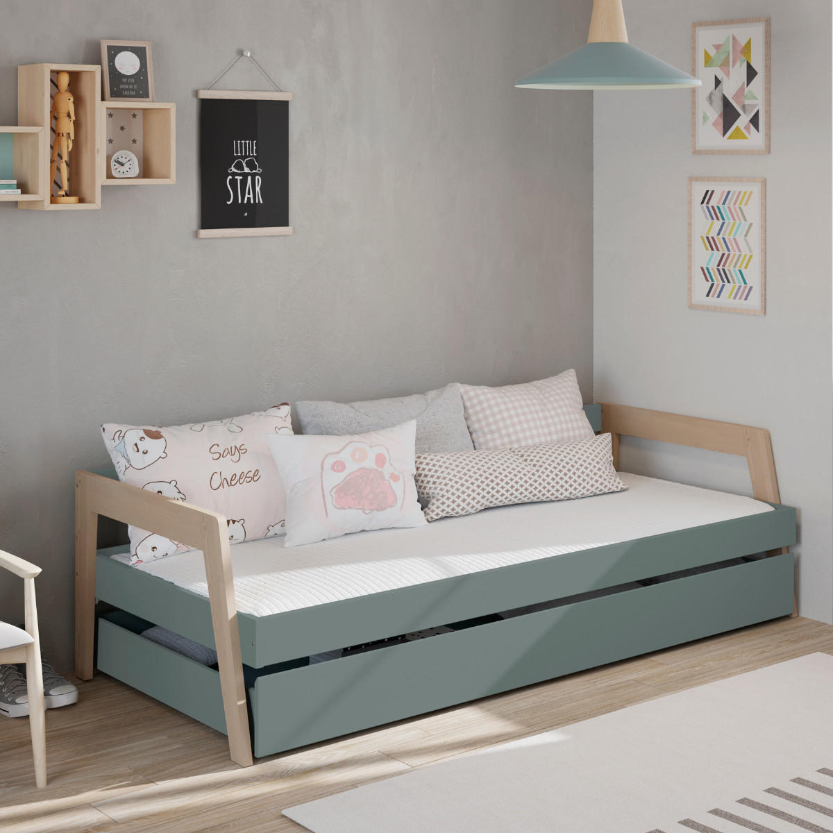 BETT 90x200 cm mit Schublade Bett 90x190 cm 96,4/210,4/59,5 cm - Grün, Holz - Calicosy