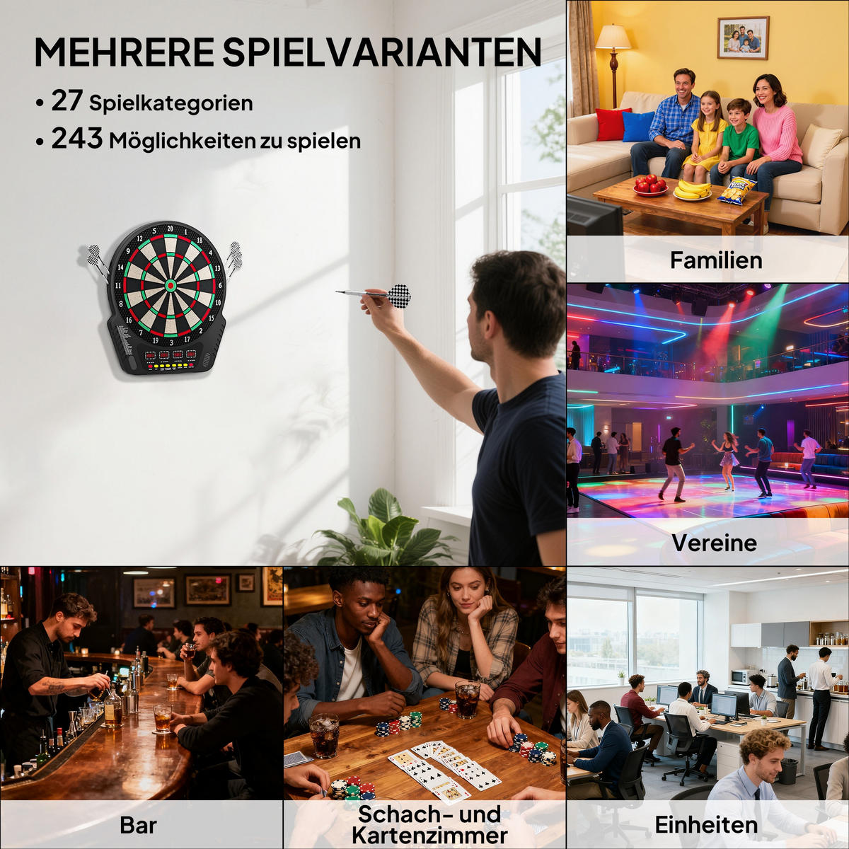 ELEKTRONISCHE Dartscheibe Dartboard Soundeffekte LED Anzeige 27 Spiele - Schwarz, Kunststoff (51.5/3.2/44cm) - HOMCOM