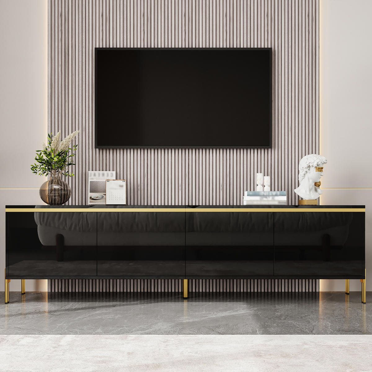 TV-STÄNDER Hochglanz 4 Türen Stauraum Kabelschnittstelle Goldkante - Schwarz, Holzwerkstoff (38/50/170cm) - FLIEKS