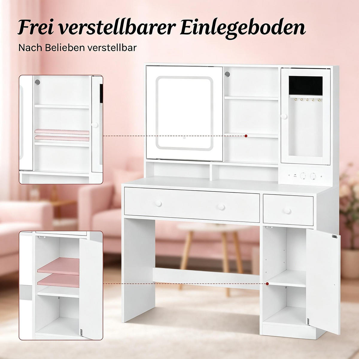 SCHMINKTISCH mit verstellbarem LED-Spiegel, Steckdosen, 108*40*139cm - Weiß, Glas (85/14/95cm) - Vallsero