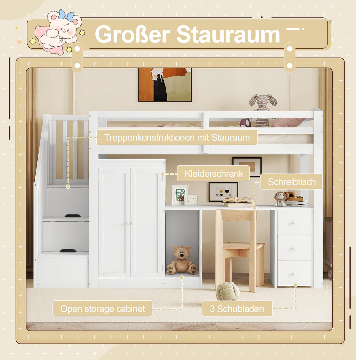 HOCHBETT 90/200 cm in Weiß – mit Schreibtisch, Kleiderschrank und Stauraumtreppe - Weiß, Holzwerkstoff (90/200cm) - BEAOK