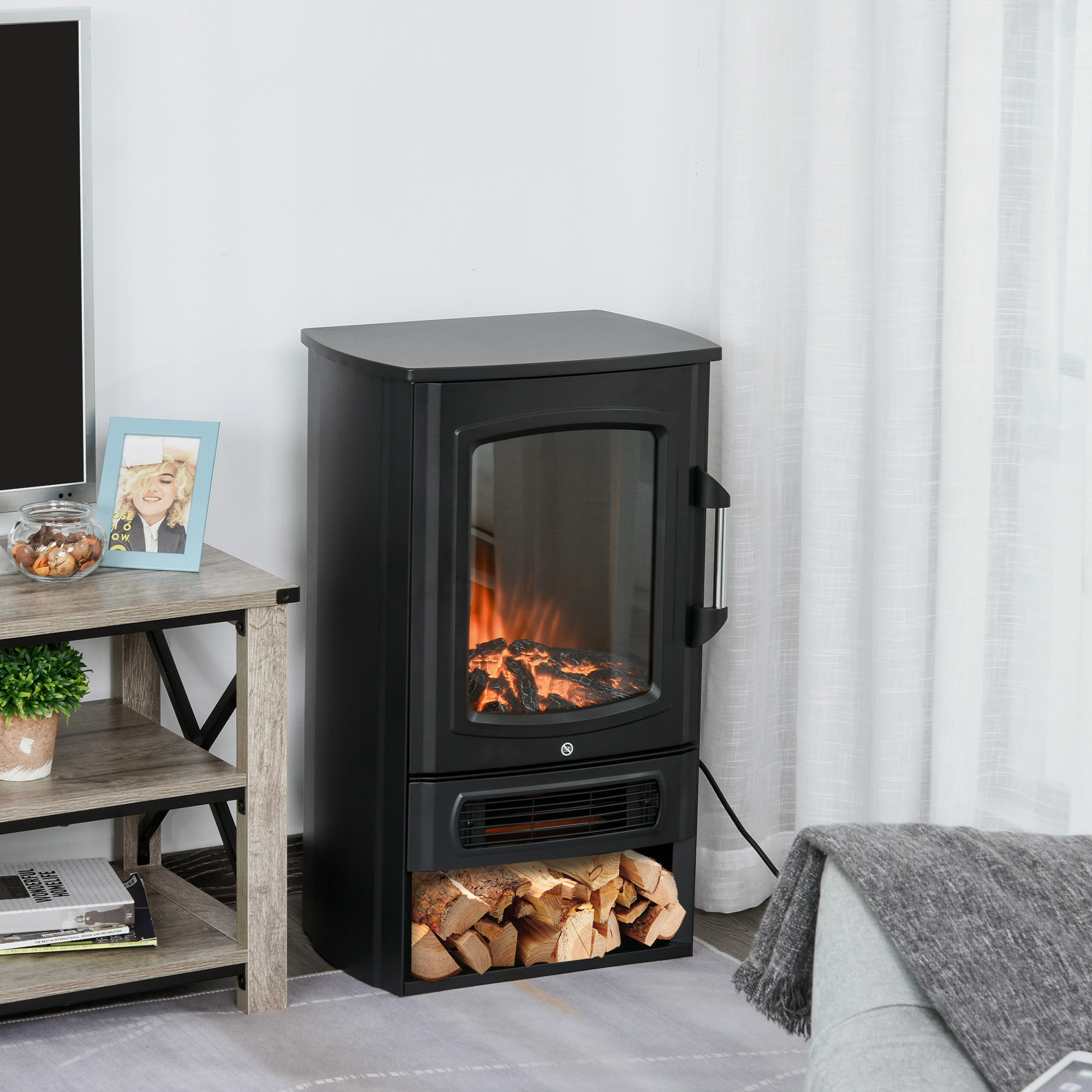 HOMCOM ELEKTRICKÝ KRB 1000 W/2000 W s efektem plamenů, termostat 20–25 m², černý