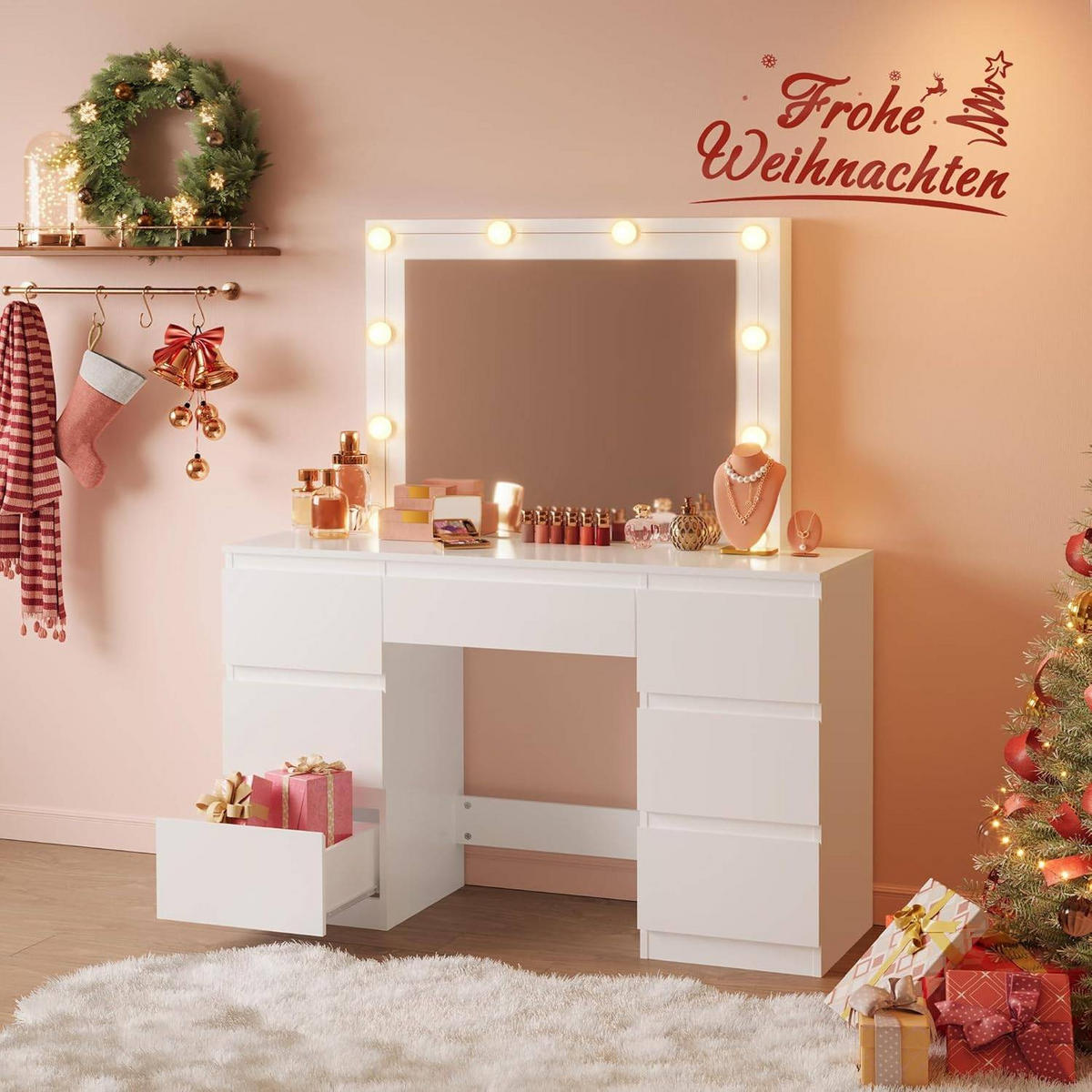 SCHMINKTISCH mit LED-Beleuchtung Weiß - Weiß, Glas/Holzwerkstoff (107/140.5/39.5cm) - Woltu