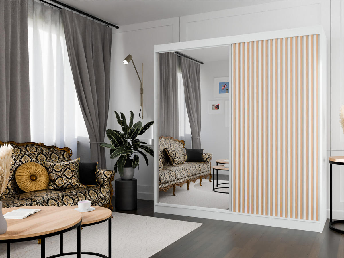 SCHIEBETÜRENSCHRANK LAMELIS - Eiche Wotan/Weiß, Holzwerkstoff (200/215/61cm) - Meblini