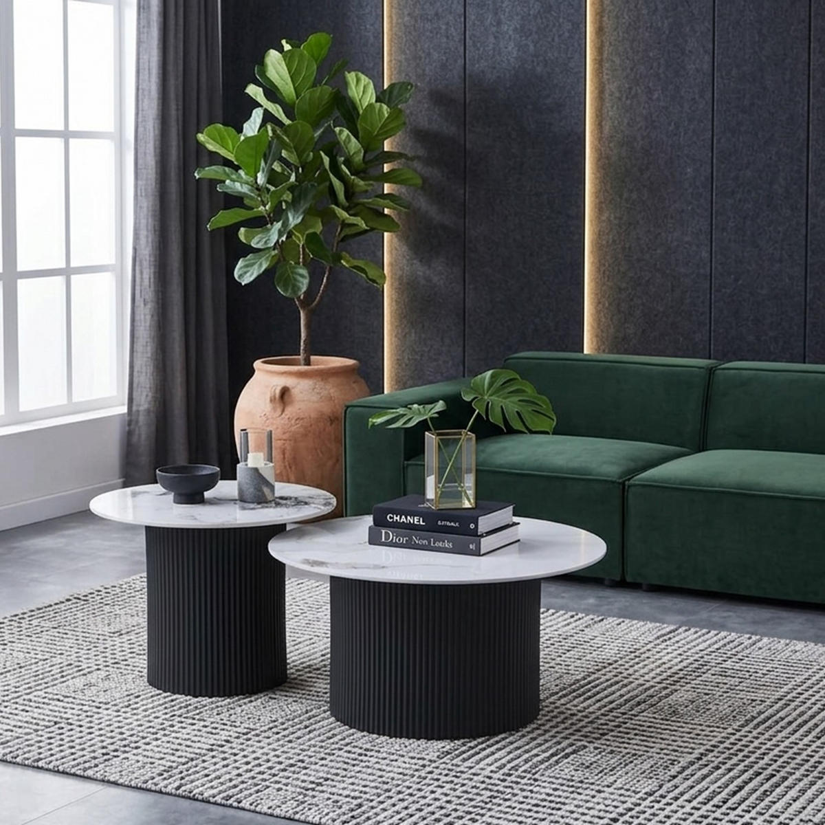 COUCHTISCH-SET Keramik rund 2-tlg. Trommelgestell Schwarz 80 & 60 cm - Schwarz/Weiß, Keramik/Metall (80/80/46cm) - HOOZ