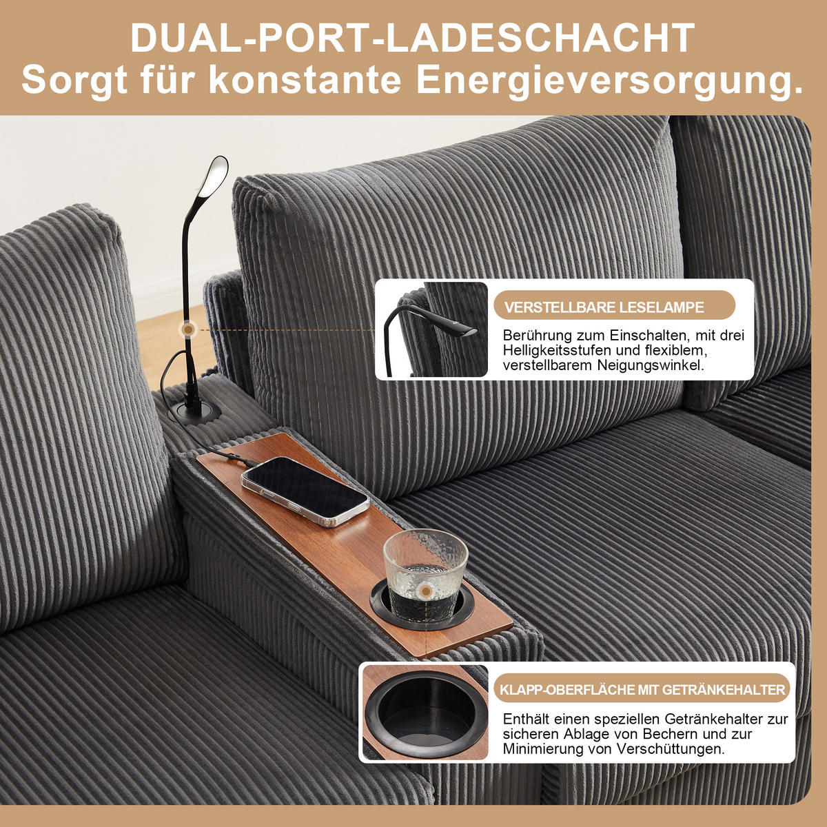 SOFA, U-Form, 2 Hocker, LED-Beleuchtung, Grau, 334x128.5x81cm - Grau, Textil (128.5/81/334cm) - FLIEKS