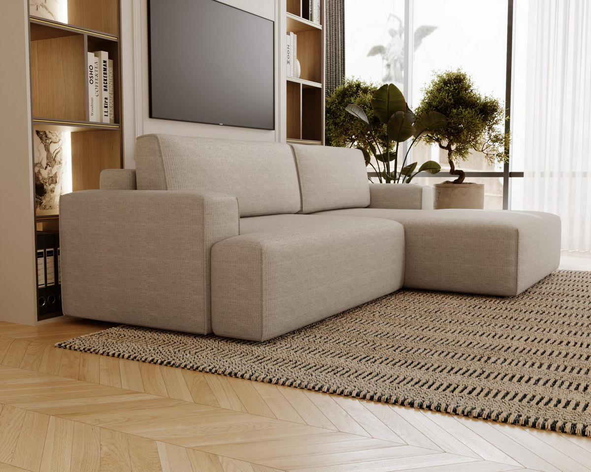 ECKSOFA L-Form 270 cm Boston mit Bettkasten, Schlaffunktion, Rechts, Beige - Beige, Holz (270/165cm) - Emporius