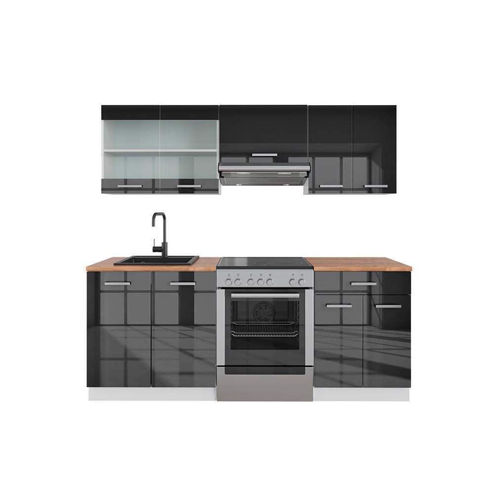 KÜCHENZEILE R-Line Anthrazit Hochglanz/Weiß 200 cm, AP Eiche - Anthrazit/Weiß, Holzwerkstoff (200/81.6/60cm) - Vicco