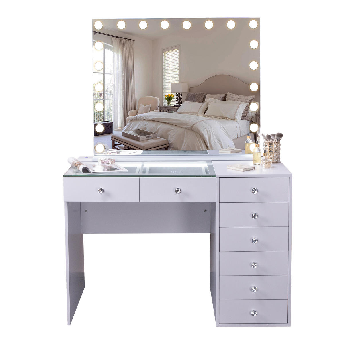SCHMINKTISCH mit 8 Schubladen 120/55/81 CM und LED Beleuchtung Schminkspiegel Lichtleiste weiß 100/80 cm - Weiß, Holz (55/81/120cm) - VANITII