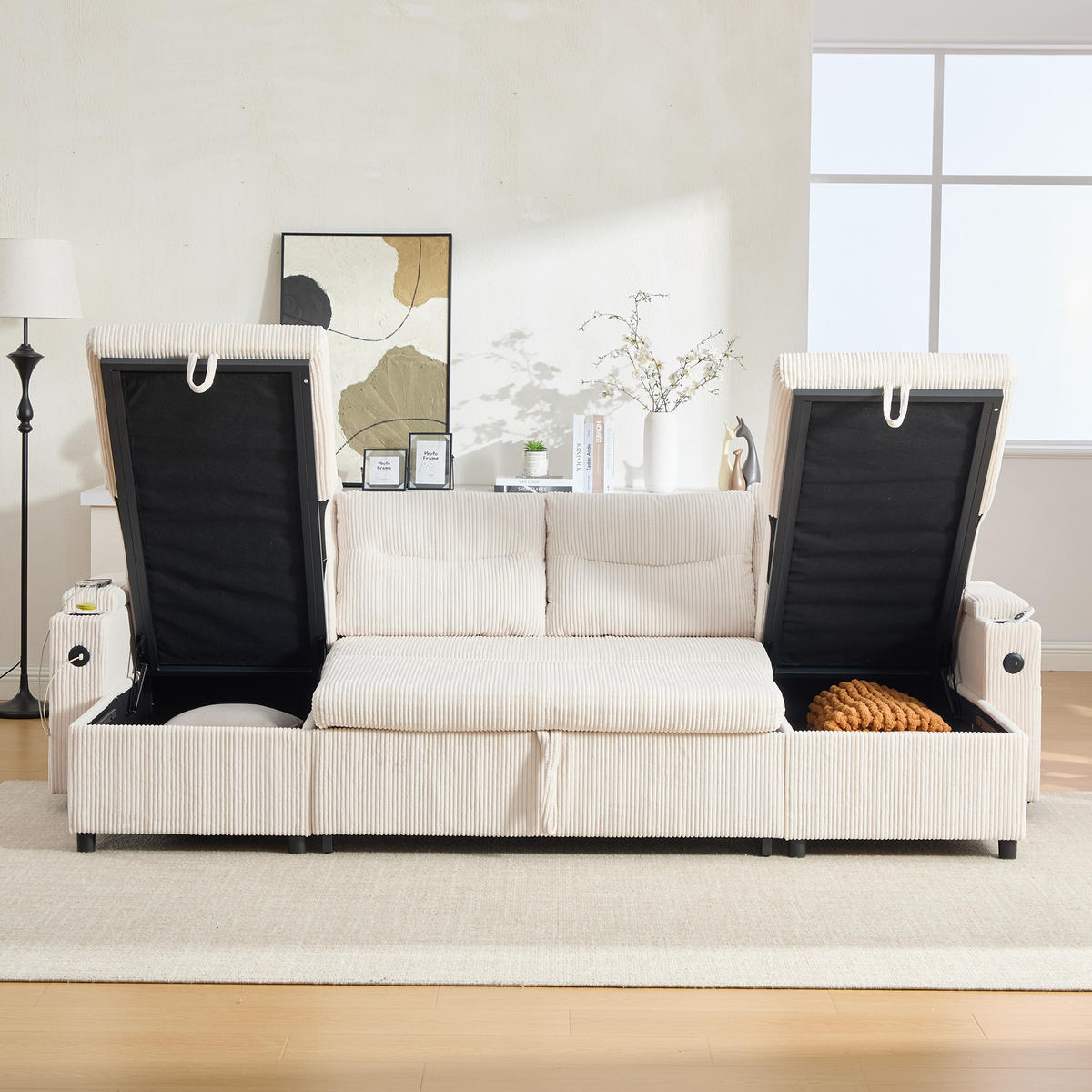 4-SITZER SOFA Cord Beige mit Stauraum, USB-Type-C und Getränkehaltern - Beige, Holzwerkstoff/Textil (272/86/136cm) - WISHDOR