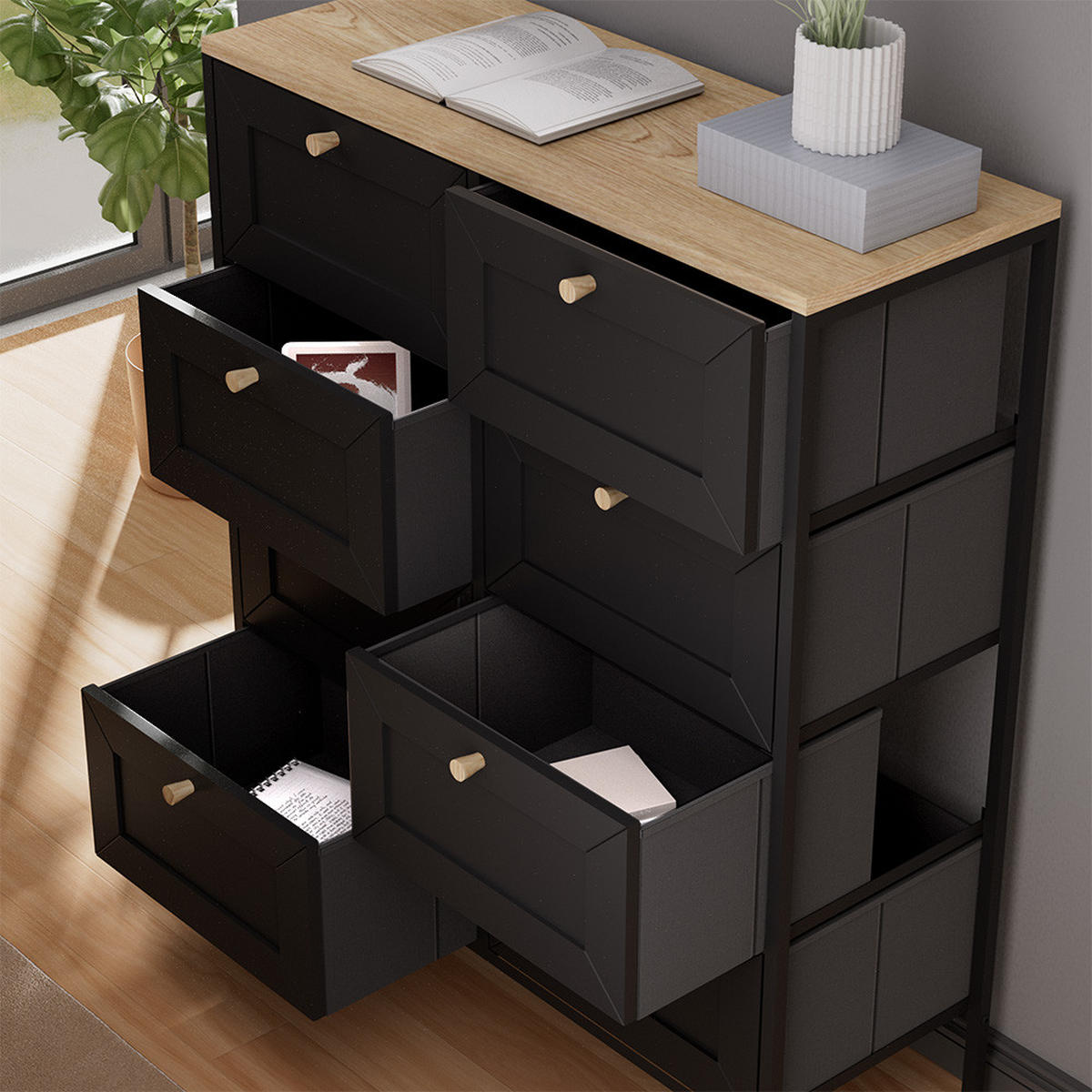 KOMMODE Belaro Schwarz 80 x 95 cm mit 8 Schubladen - Schwarz, Holzwerkstoff (80/95/30cm) - Vicco
