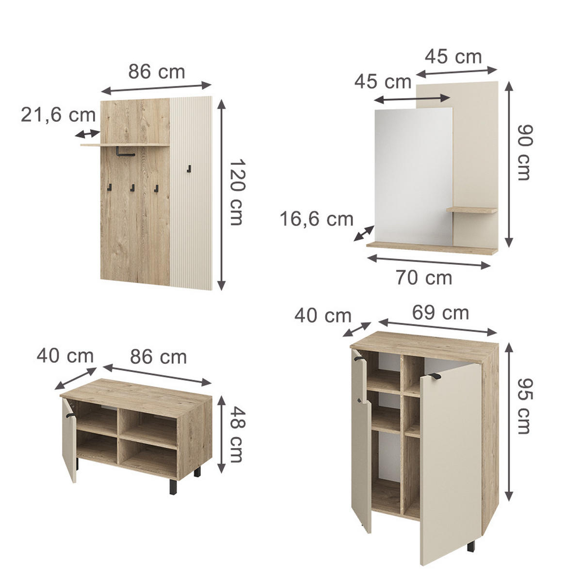 GARDEROBE Puerto, Eiche/Cashmere, 69 x 95 cm 4-er Set - Kaschmir/Eichefarben, Holzwerkstoff (69/95/40cm) - Vicco