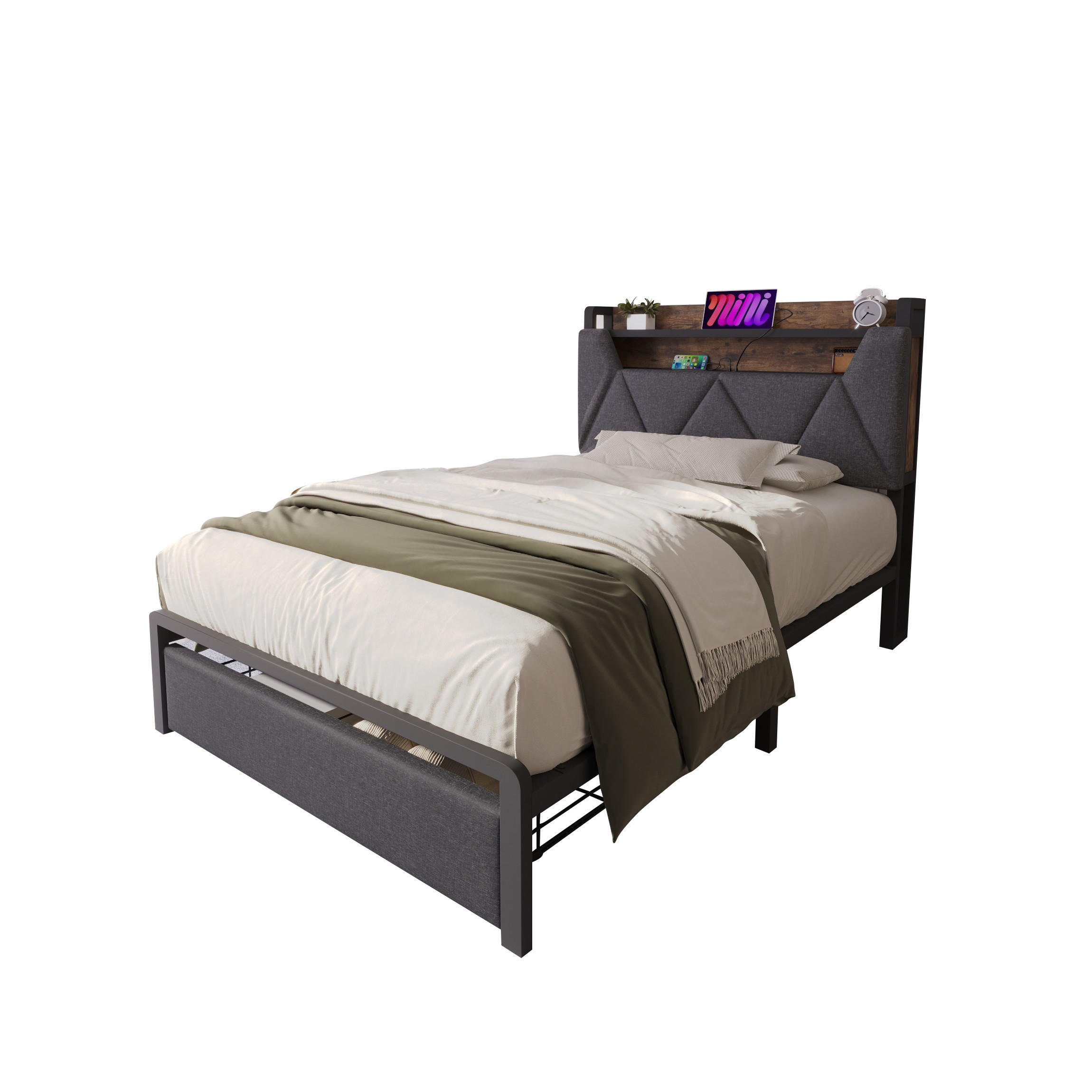 POLSTERBETT 90/200 cm in Grau Leinen mit Stauraum-Kopfteil, Schublade, LED, USB und Type-C - Schwarz/Grau, Holzwerkstoff/Textil (90/200cm) - STILVORA