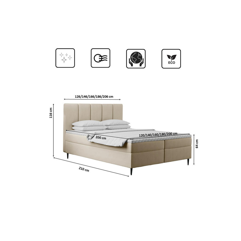 Thumbnail - Kaiser Möbel Boxbett, Beige, Textil, H3, Höhe ca. 20 cm, einzeln stellbar, eckig, 120x200 cm, Schlafzimmer, Betten, Boxs...