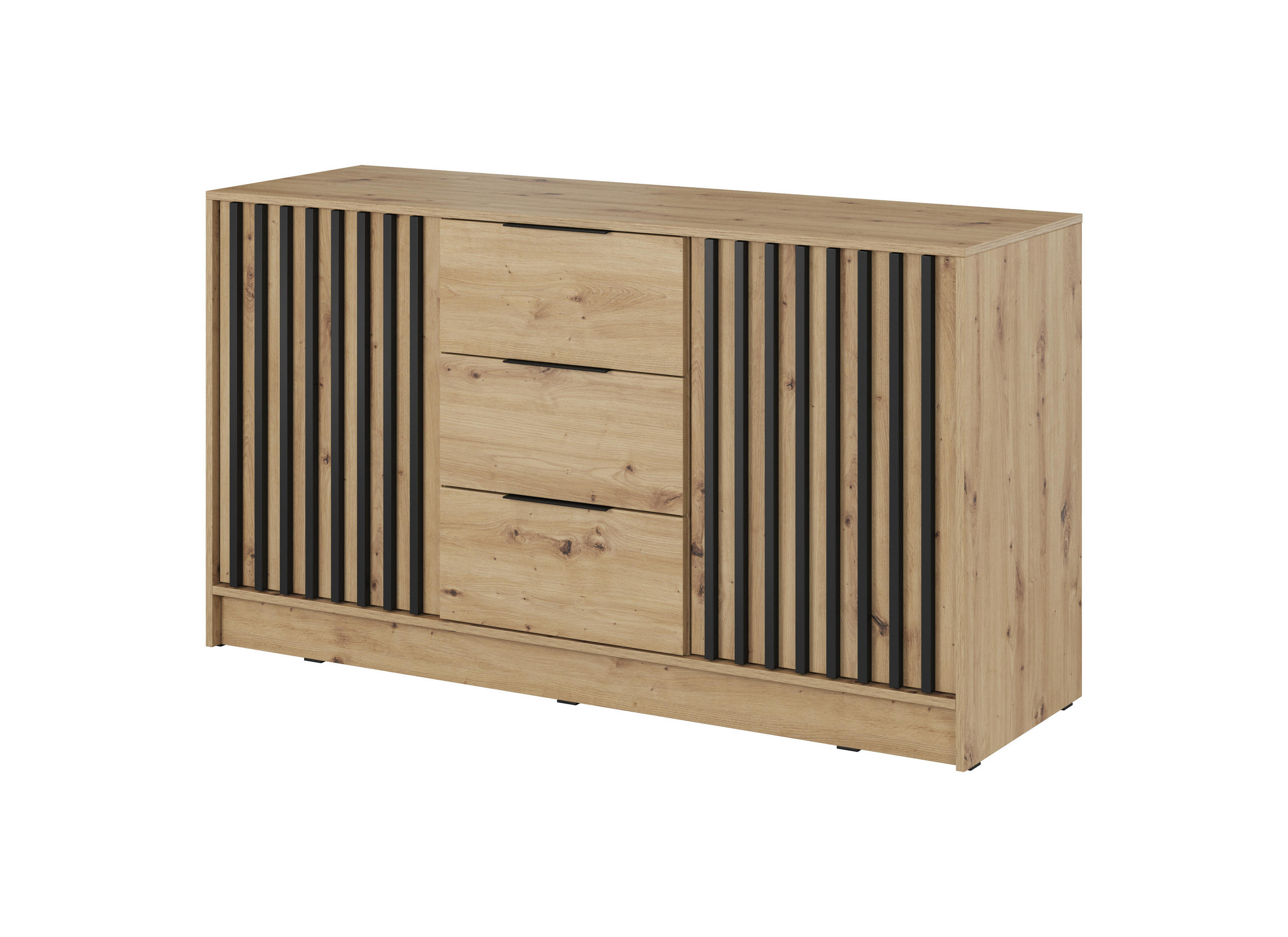 KOMMODE Nelly 3D, Eiche, Schwarzer Paspelierung, mit Schubladen - Schwarz/Eiche Artisan, Holzwerkstoff (155/86/45cm) - Bettso