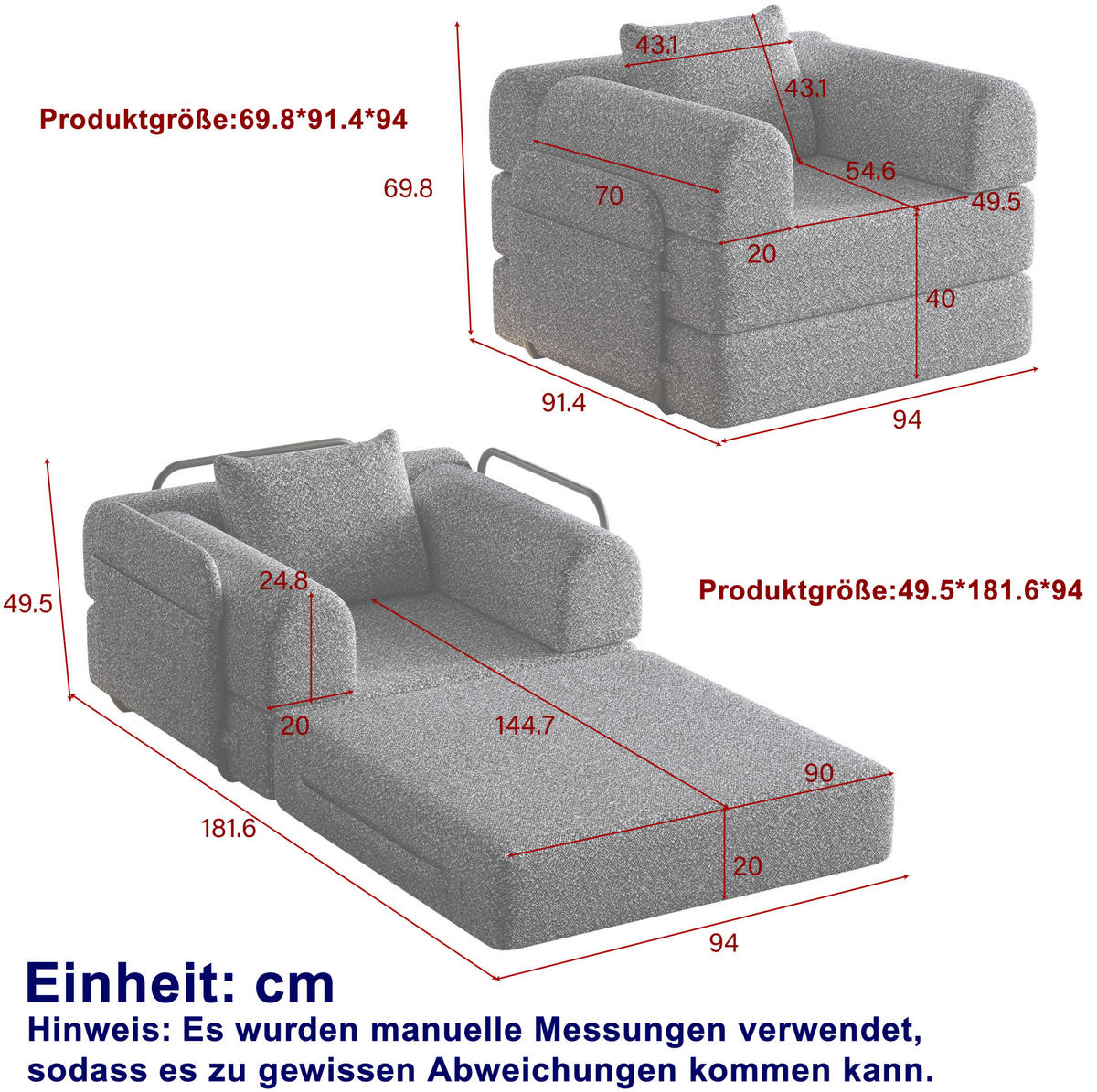 SCHLAFSOFA, Chenille 2-in-1 mit Armlehnen-Staufach & Stahlrahmen, 94/181,6/49,5 cm, Grau - Grau, Textil (94/49.5/181.6cm) - Redom