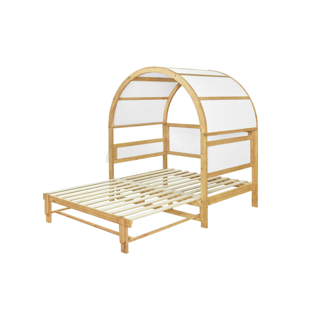 HAUSBETT 140/200 cm in Weiß/Natur – mit Dachaufbau und Ausziehbett - Weiß, Holzwerkstoff (140/200cm) - BEAOK