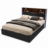 POLSTERBETT 140/200 cm mit Hydraulik-Bettkasten, Holz-Ablagekopfteil, Seiten-LED und USB-Anschluss - Schwarz, Holz/Metall (140/200cm) - Joyfair